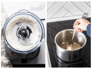 A food processor shown with softened cream cheese, and a saucepan shown with gelatin being melted.